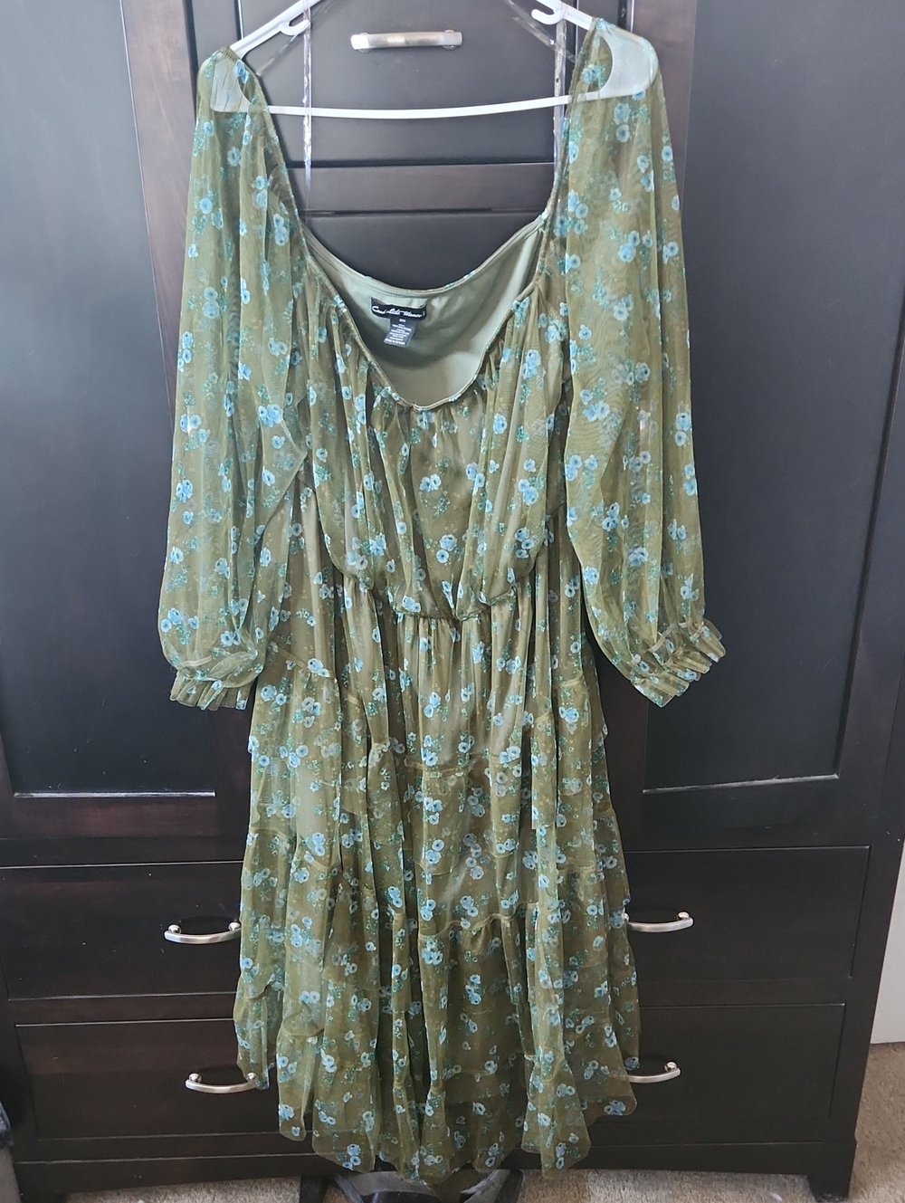Candalite Women's Olive Green Floral Tiered Midi Dress